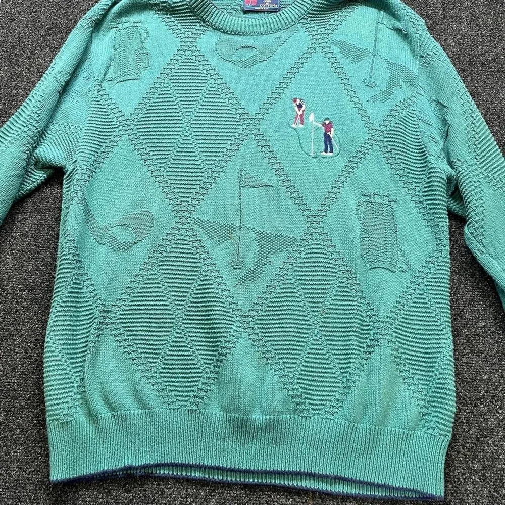 Vintage Isle of Cotton Golf Knit Sweater Mens Large Green Blue USA Made 90s